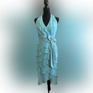 Luxury Tadashi Soji silk Georgette haltered tiered dress Tiffany Blue EUC size 8